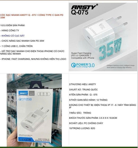 Cóc sạc nhanh Ansty Q-075 1 cổng type-c GAN PD 35W