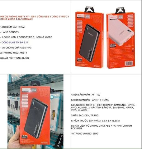 Pin dự phòng Ansty AY-100 1 cổng usb 1 cổng type c 1 cổng micro 2.1A 10000MAH