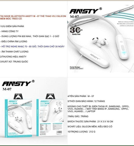 Tai nghe bluetooth Ansty M-07 thể thao V5.3 silicon mềm móc treo cổ