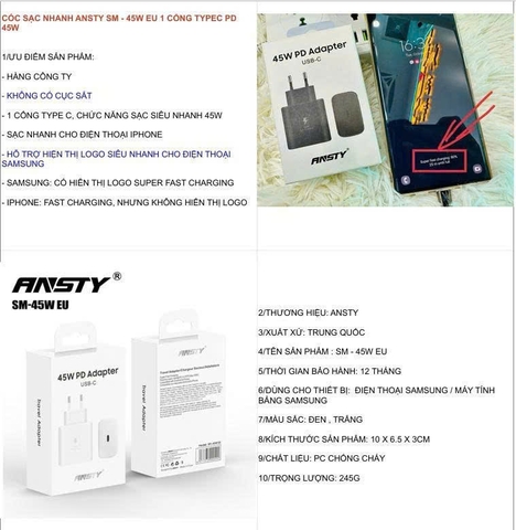 Cóc sạc nhanh Ansty SM-45W EU 1 cổng type-c PD 45W
