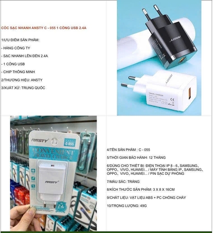 Cóc sạc nhanh Ansty C-055 1 cổng usb 2.4A