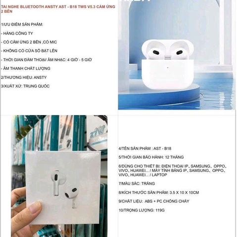 Tai nghe Bluetooth Ansty AST-B18 TWS V5.3 cảm ứng 2 bên