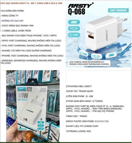 Cóc sạc nhanh Ansty Q-068 1 cổng usb A QC3.0 18W