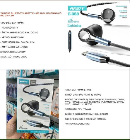 Tai nghe Bluetooth Ansty E-068 jack có mic dài 1.2m