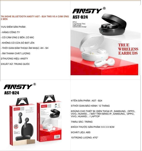 Tai nghe bluetooth Ansty AST-B24 TWS V5.4 cảm ứng 2 bên