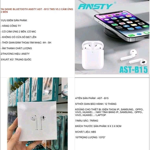 Tai nghe Bluetooth Ansty AST-B15 TWS V5.4 cảm ứng 2 bên