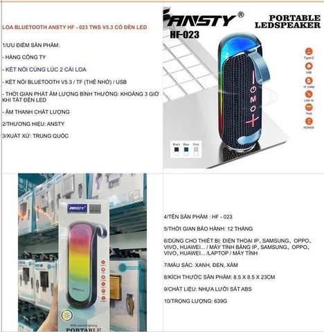 Loa Bluetooth Ansty HF-023 TWS V5.3 có đèn led