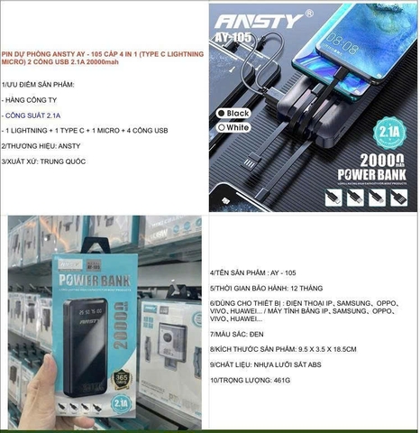 Pin dự phòng Ansty AY-105 cáp 4 in 1 (type-c lightning micro) 2 cổng usb 2.1A 20000MAH
