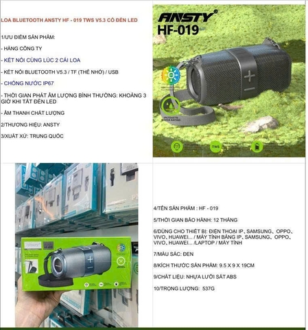 Loa Bluetooth Ansty HF-019 TWS V5.3 có đền led