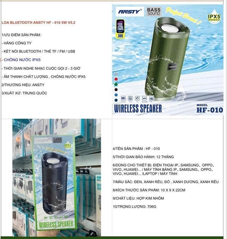 Loa Bluetooth Ansty HF-010 5W V5.2