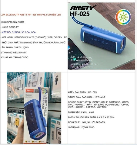 Loa Bluetooth Ansty HF-025 TWS V5.3 có đèn led
