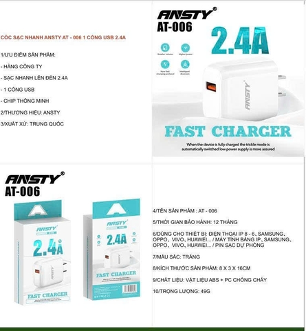 Cóc sạc nhanh Ansty AT-006 1 cổng usb 2.4A