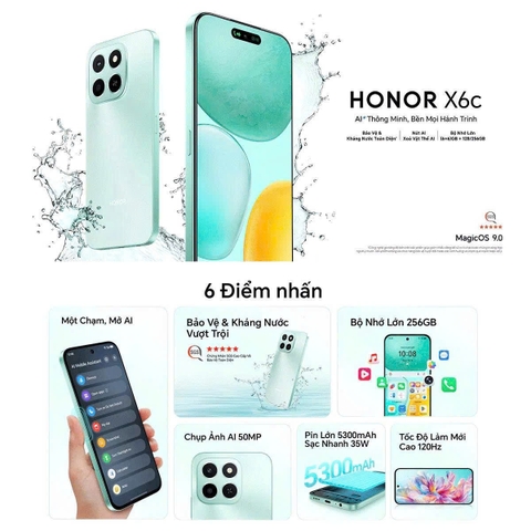 Điện thoại HONOR X6c (6.6in/6gb/128gb), kháng nước, pin 5300mAh