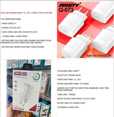 Cóc sạc nhanh Ansty Q-073 1 cổng type-c PD 25W