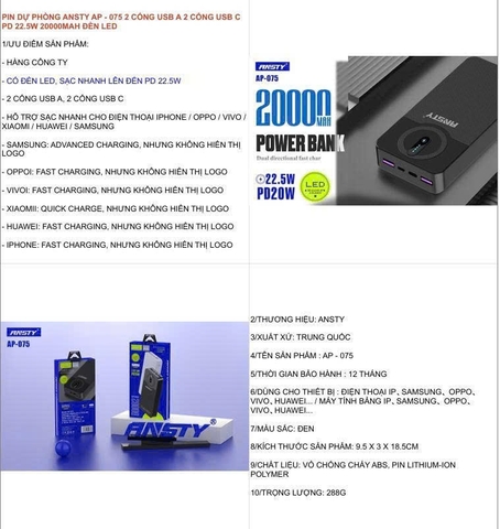 Pin dự phòng Ansty AP-075 2 công usb A 2 cổng usb C PD 22.5W 20000MAH đèn led