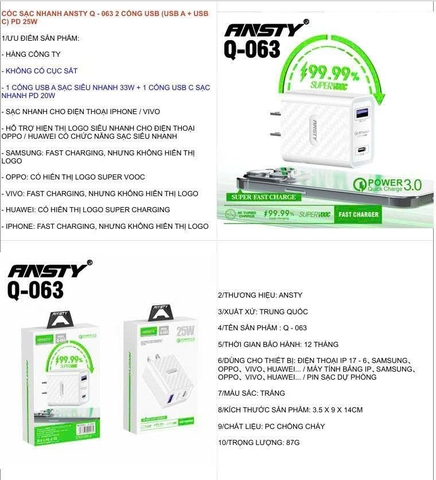 Cóc sạc nhanh Ansty Q063 2 cổng usb ( usb A+ usb C) PD 25W