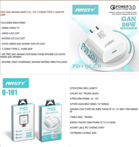 Cóc sạc nhanh Ansty Q-101 1 cổng type-c GAN PD 20W