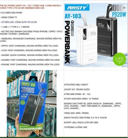 Pin dự phòng Ansty AY-103 1 cổng usb 1 cổng micro 1 cổng type-c PD 22.5W 30000MAH đèn led