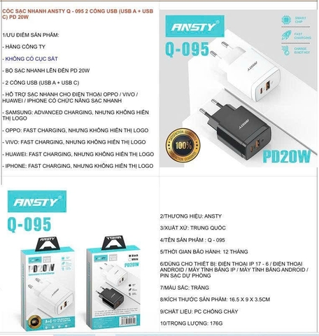 Cóc sạc nhanh Ansty Q-095 2 cổng usb ( usb A + usb C) PD 20W