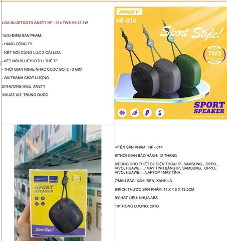 Loa Bluetooth Ansty HF-014 TWS V5.2 5W