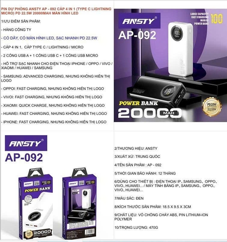 Pin dự phòng Ansty AP-092 cáp 4 in 1 (type-c lightning micro) PD 22.5W 20000MAH màn hình led