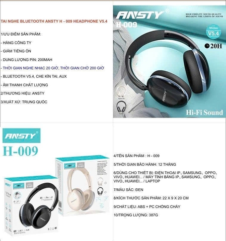 Tai nghe Bluetooth Ansty H-009 Headphone V5.4