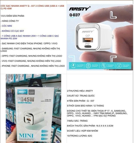 Cóc sạc nhanh Ansty Q-037 2 cổng usb (usb A+ usb C) PD45W