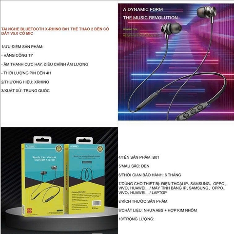 Tai nghe Bluetooth X-RHINO B01 thể thao 2 bên có dây V5.0 có mic