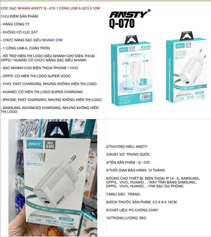 Cóc sạc nhanh Ansty Q-070 1 cổng usb A QC3.0 33W
