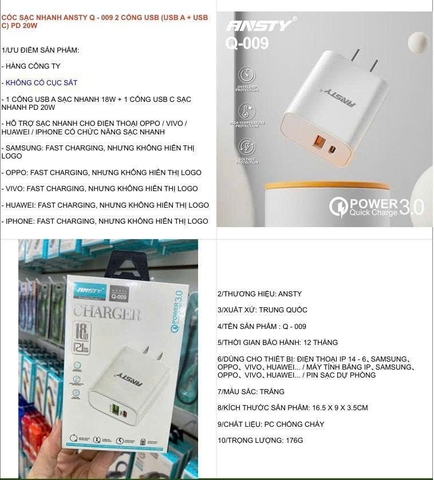 Cóc sạc nhanh Ansty Q-009 2 cổng usb (usb A+ usb C) PD 20W