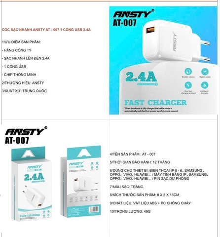 Cóc sạc nhanh Ansty AT-007 1 cổng usb 2.4A