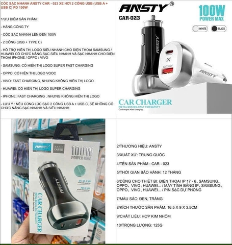 Cóc sạc nhanh Ansty Car-023 xe hơi 2 cổng usb ( usb A + usb C) PD 100W