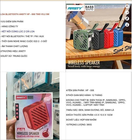Loa Bluetooth Ansty HF-008 TWS V5.2 5W