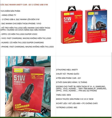 Cóc sạc nhanh Ansty Car- 021 2 cổng usb 51W