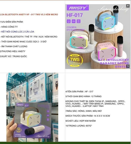Loa Bluetooth Ansty HF-017 TWS V5.3 kèm micro