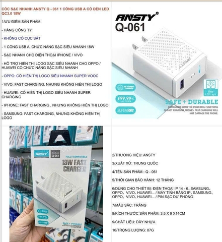 Cóc sạc nhanh Ansty Q-061 1 cổng usb A có đèn led QC3.1A 18W