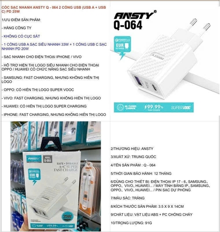 Cóc sạc nhanh Ansty Q-064 2 cổng  usb ( usb A + usb C ) PD 25W