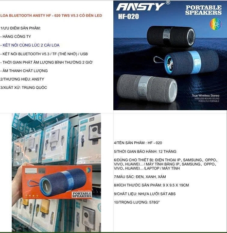 Loa Bluetooth Ansty HF-020 TWS V5.3 có đèn led