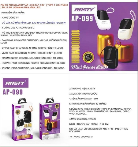 Pin dự phòng Ansty AP-099 cáp 2 in 1 (type-c lightning) PD 22.5W 10000MAH màn hình led