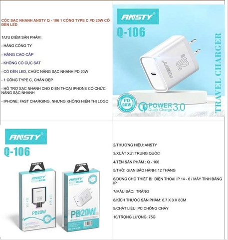 Cóc sạc nhanh Ansty Q-106 type-c PD 20W đèn led