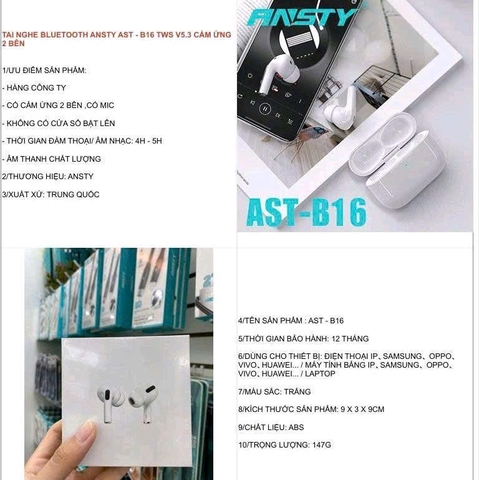 Tai nghe Bluetooth Ansty AST-B16 TWS V5.3 cảm ứng 2 bên