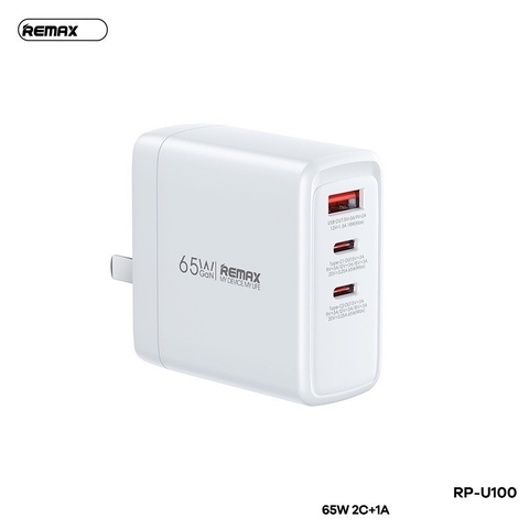 ⚡️CÓC SẠC NHANH 65W 2C + 1A REMAX RP-U100 1 đầu usb, 2 đầu type c.