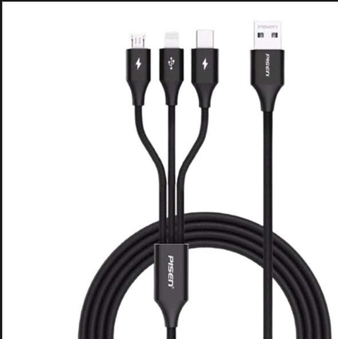 Cáp sạc Pisen Lightning 3 in 1 Backling 1200mm hỗ trợ lightning, type-c,micro chất liệu bền đẹp - tiện lợi