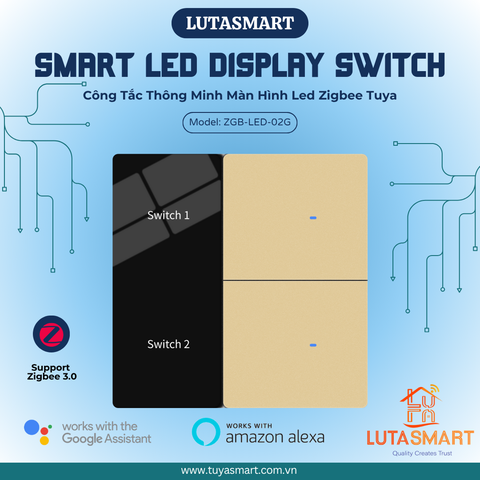 Công tắc thông minh Zigbee Tuya màn hình Led - Hiển thị tên công tắc - 2 Nút - Màu Champagne Gold