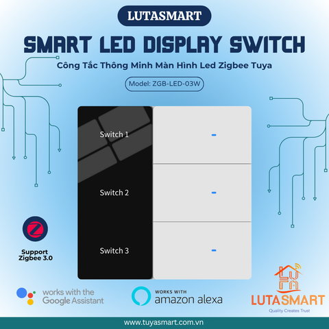 Công tắc thông minh Zigbee Tuya màn hình Led - Hiển thị tên công tắc - 3 Nút