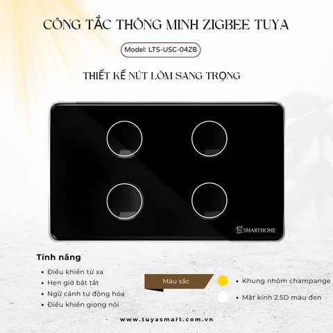 Công tắc thông minh LutaSmart nút lõm Zigbee - Tuya - 4 Nút - Đen