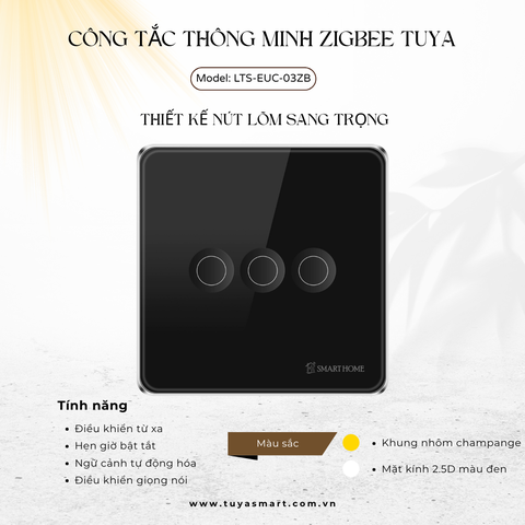 Công tắc Zigbee nút lõm LutaSmart - Tuya - Tiêu chuẩn EU/UK vuông - 3 Nút - Đen