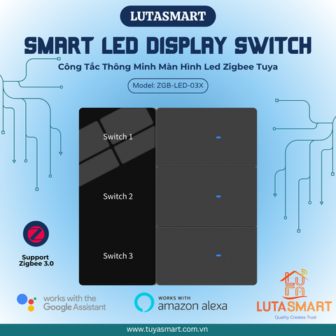 Công tắc thông minh Zigbee Tuya màn hình Led - Hiển thị tên công tắc - 3 Nút - Màu Xám