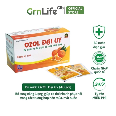 Bù nước và điện giải Ozol Đại Uy (hộp 40 gói cam 5,58g) bổ sung năng lượng, khoáng chất nhanh chóng