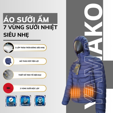 Áo Sưởi ấm YAMAKO Nhật Bản 7 vùng sưởi ấm Siêu Nhẹ Super Gentle màu Xanh than